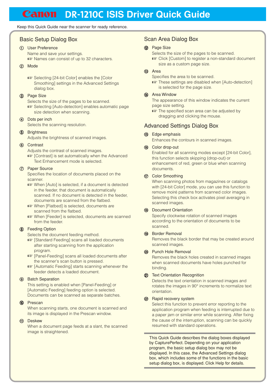 Quick guide” con, Isis driver quick guide, Basic setup dialog box | Scan area dialog box, Advanced settings dialog box | Canon DR-1210C User Manual | Page 94 / 98