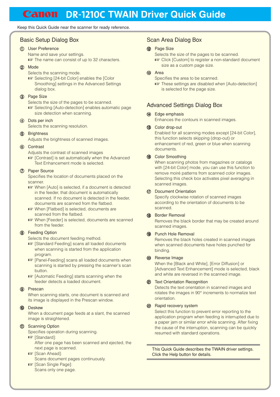 Twain driver quick guide, Basic setup dialog box, Scan area dialog box | Advanced settings dialog box | Canon DR-1210C User Manual | Page 96 / 98