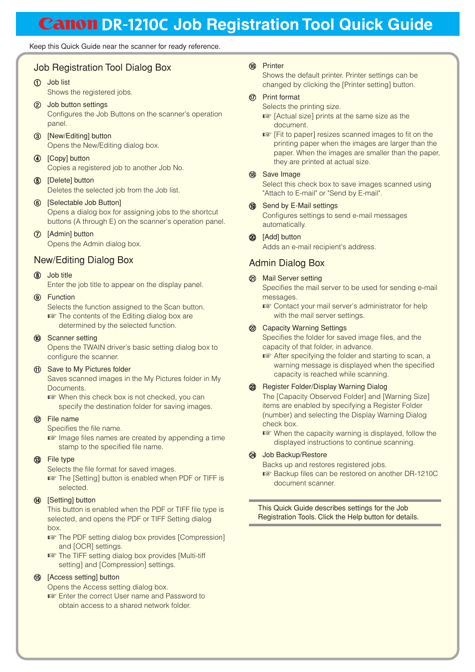 Job registration tool quick guide, Job registration tool dialog box, New/editing dialog box | Admin dialog box | Canon DR-1210C User Manual | Page 98 / 98