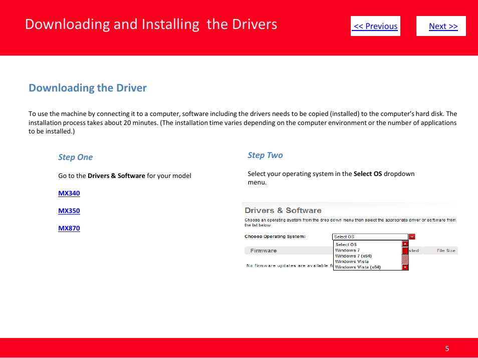 Downloading and installing the drivers, Downloading the driver | Canon Installing Multifunction PIXMA MX340 User Manual | Page 5 / 11