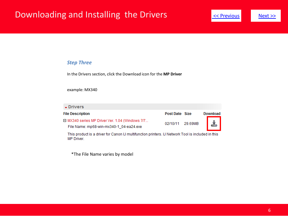 Downloading and installing the drivers | Canon Installing Multifunction PIXMA MX340 User Manual | Page 6 / 11