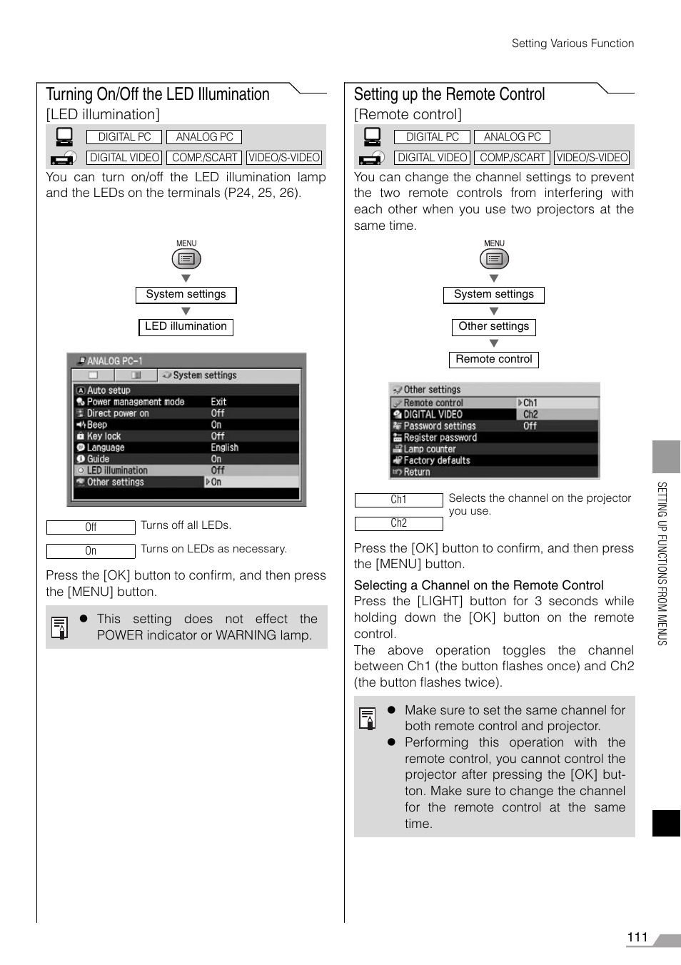 Turning on/off the led illumination, Setting up the remote control, Led illumination | Remote control | Canon REALiS X700 User Manual | Page 111 / 141