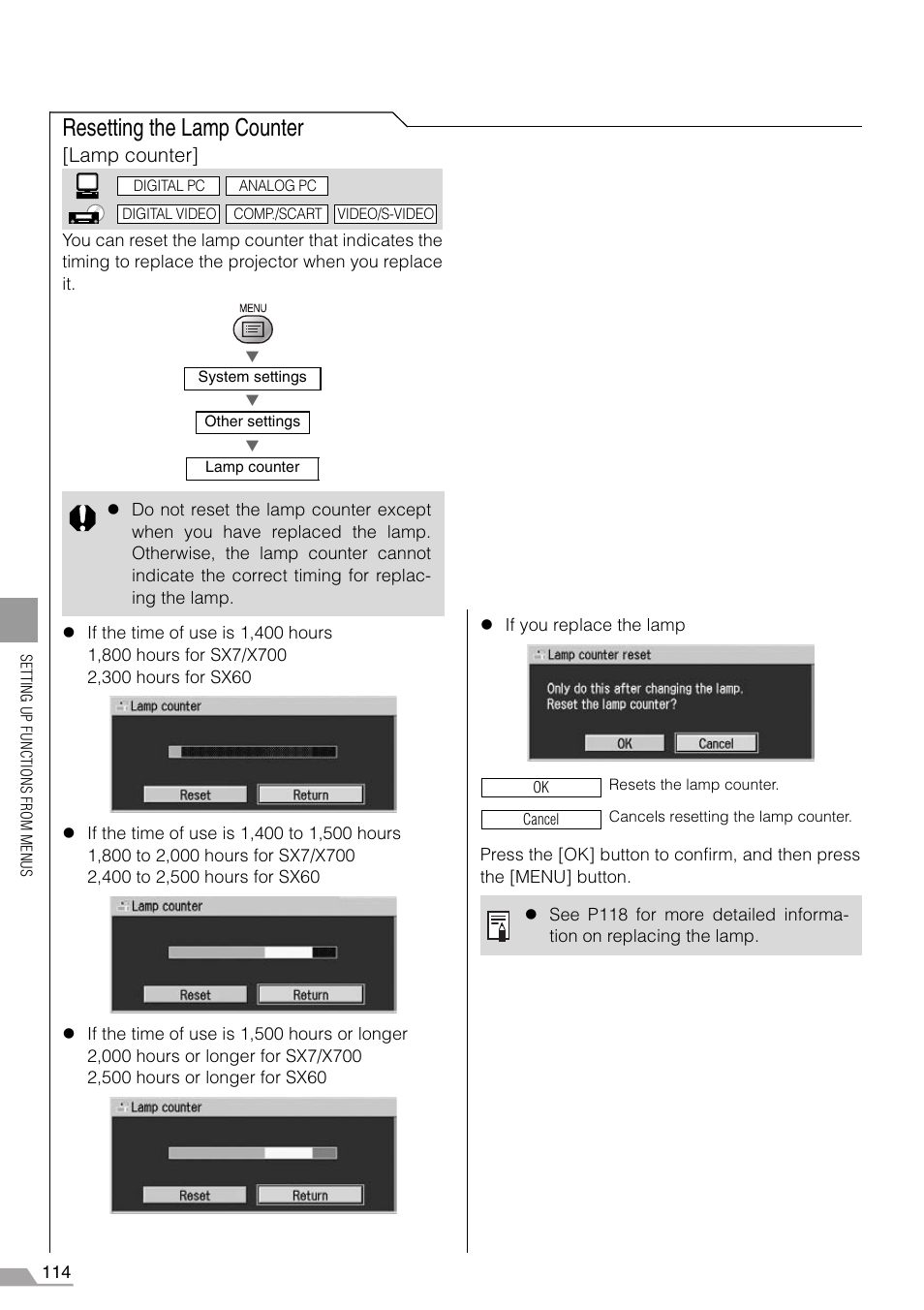 Resetting the lamp counter, Lamp counter | Canon REALiS X700 User Manual | Page 114 / 141