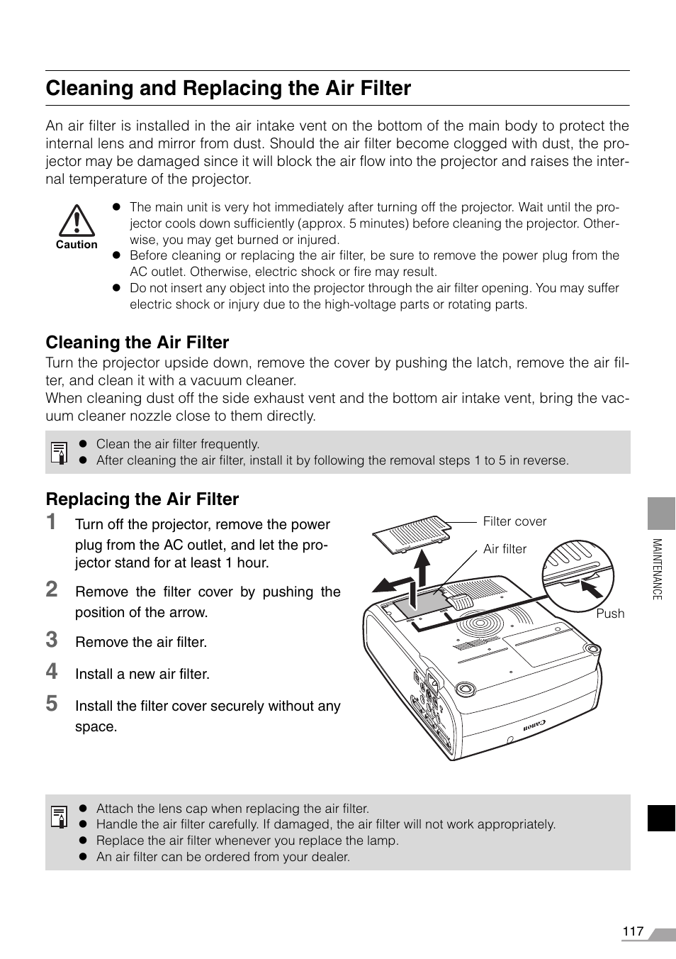 Cleaning and replacing the air filter | Canon REALiS X700 User Manual | Page 117 / 141