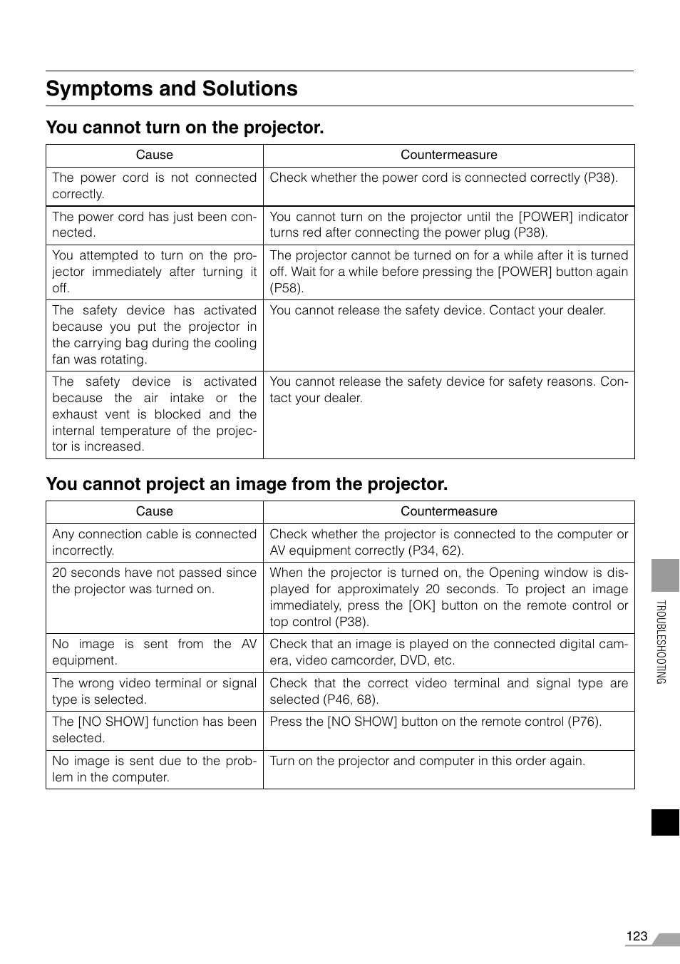 Symptoms and solutions | Canon REALiS X700 User Manual | Page 123 / 141