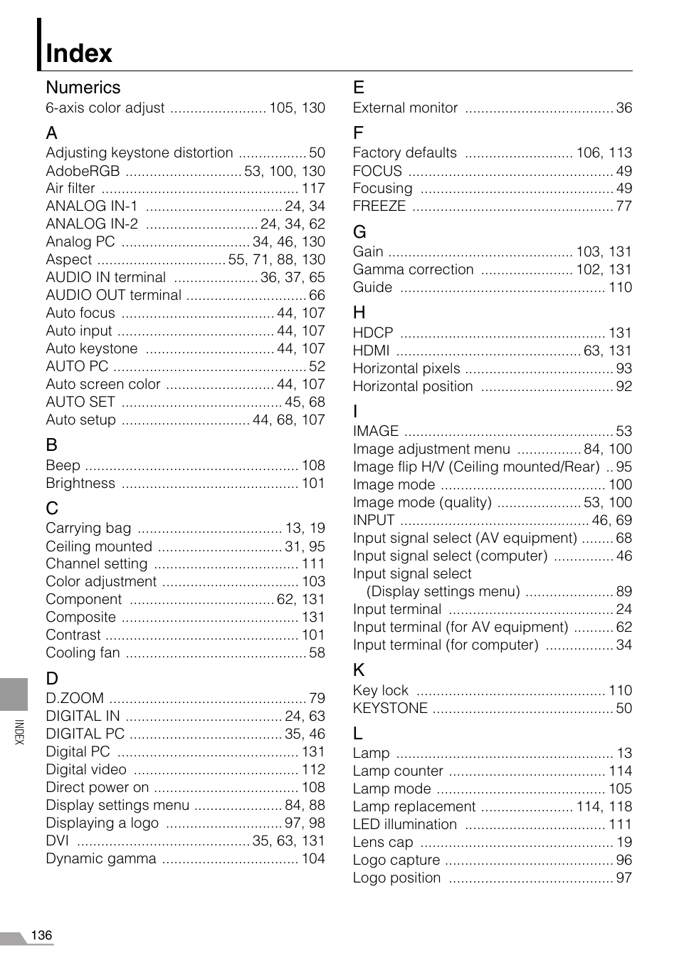 Index | Canon REALiS X700 User Manual | Page 136 / 141