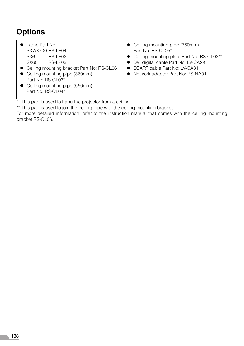 Options | Canon REALiS X700 User Manual | Page 138 / 141