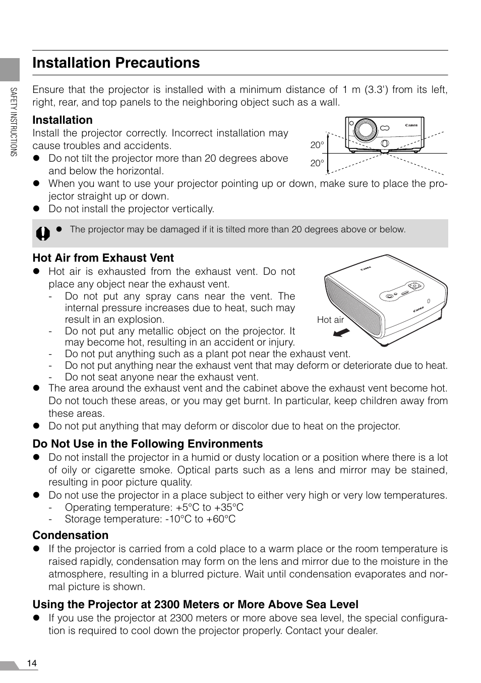 Installation precautions | Canon REALiS X700 User Manual | Page 14 / 141