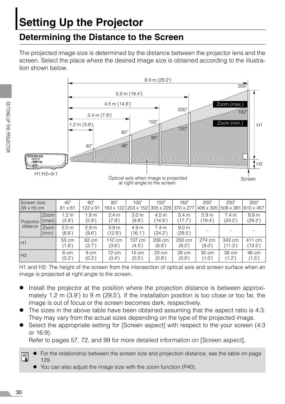 Setting up the projector, Determining the distance to the screen | Canon REALiS X700 User Manual | Page 30 / 141