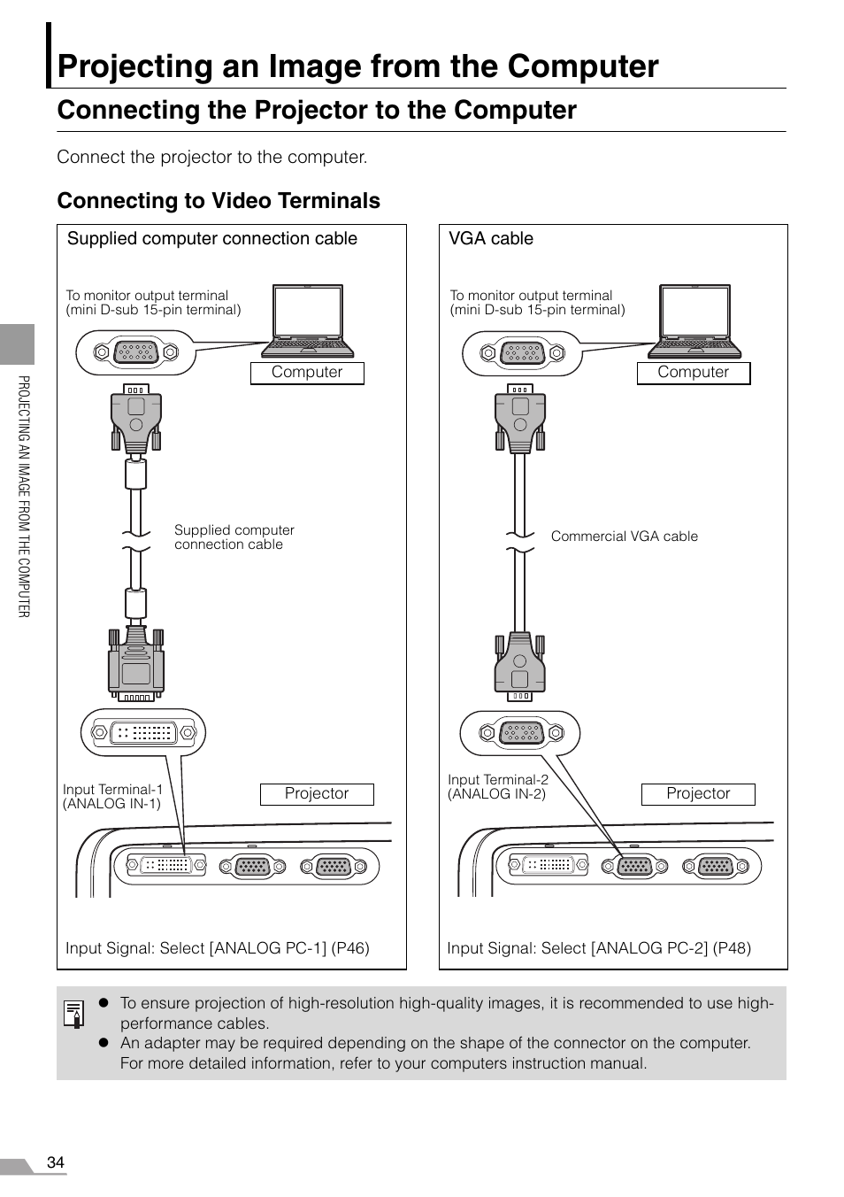 Projecting an image from the computer, Connecting the projector to the computer, Connecting to video terminals | Canon REALiS X700 User Manual | Page 34 / 141