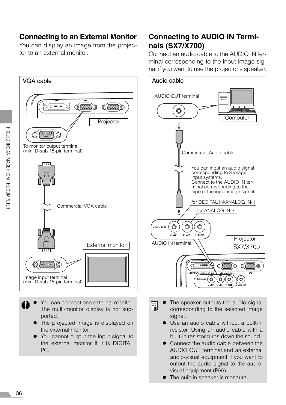 Connecting to an external monitor, Connecting to audio in termi- nals (sx7/x700) | Canon REALiS X700 User Manual | Page 36 / 141