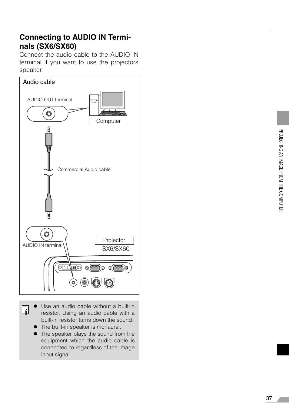 Connecting to audio in termi- nals (sx6/sx60) | Canon REALiS X700 User Manual | Page 37 / 141