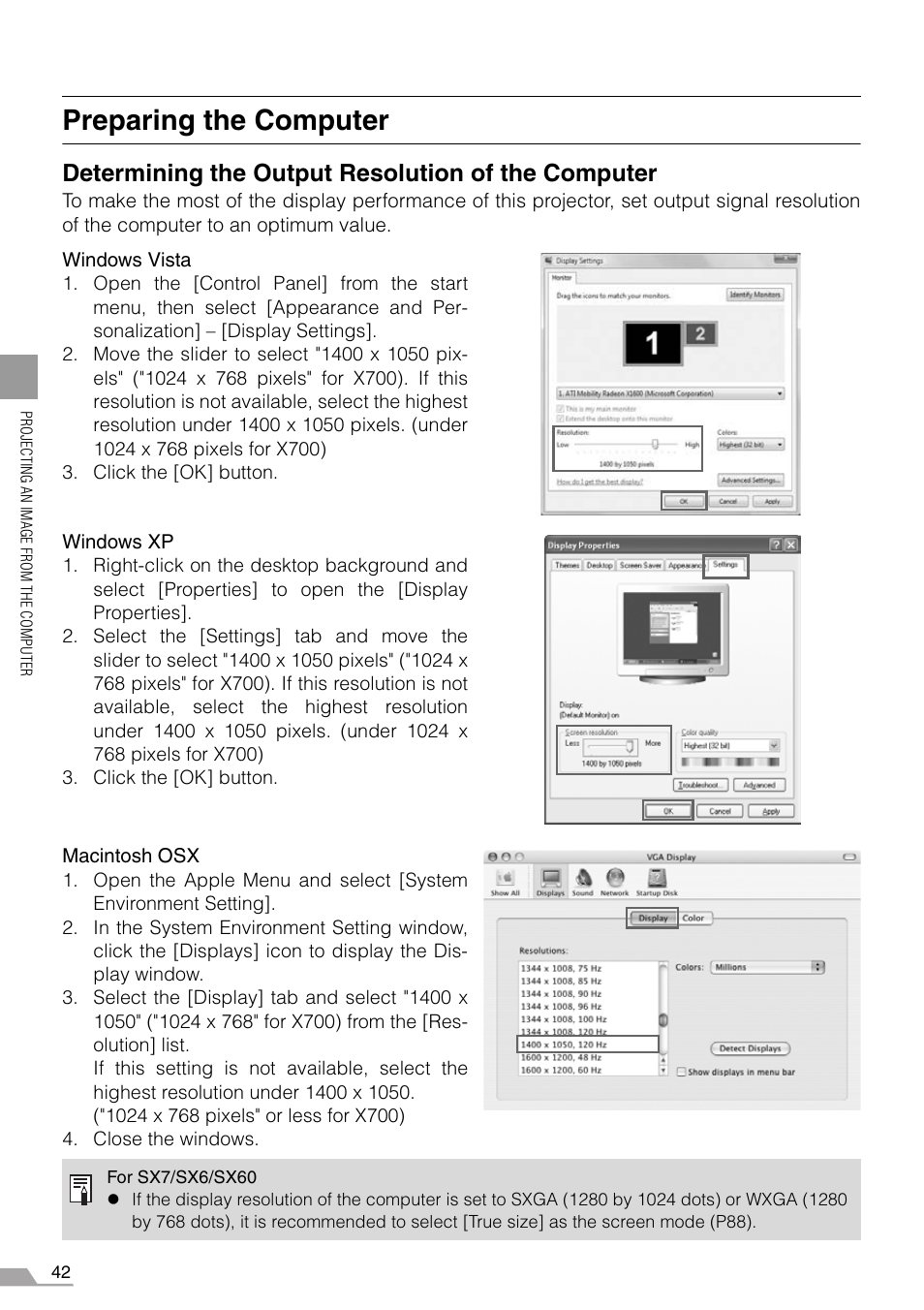 Preparing the computer, Determining the output resolution of the computer | Canon REALiS X700 User Manual | Page 42 / 141