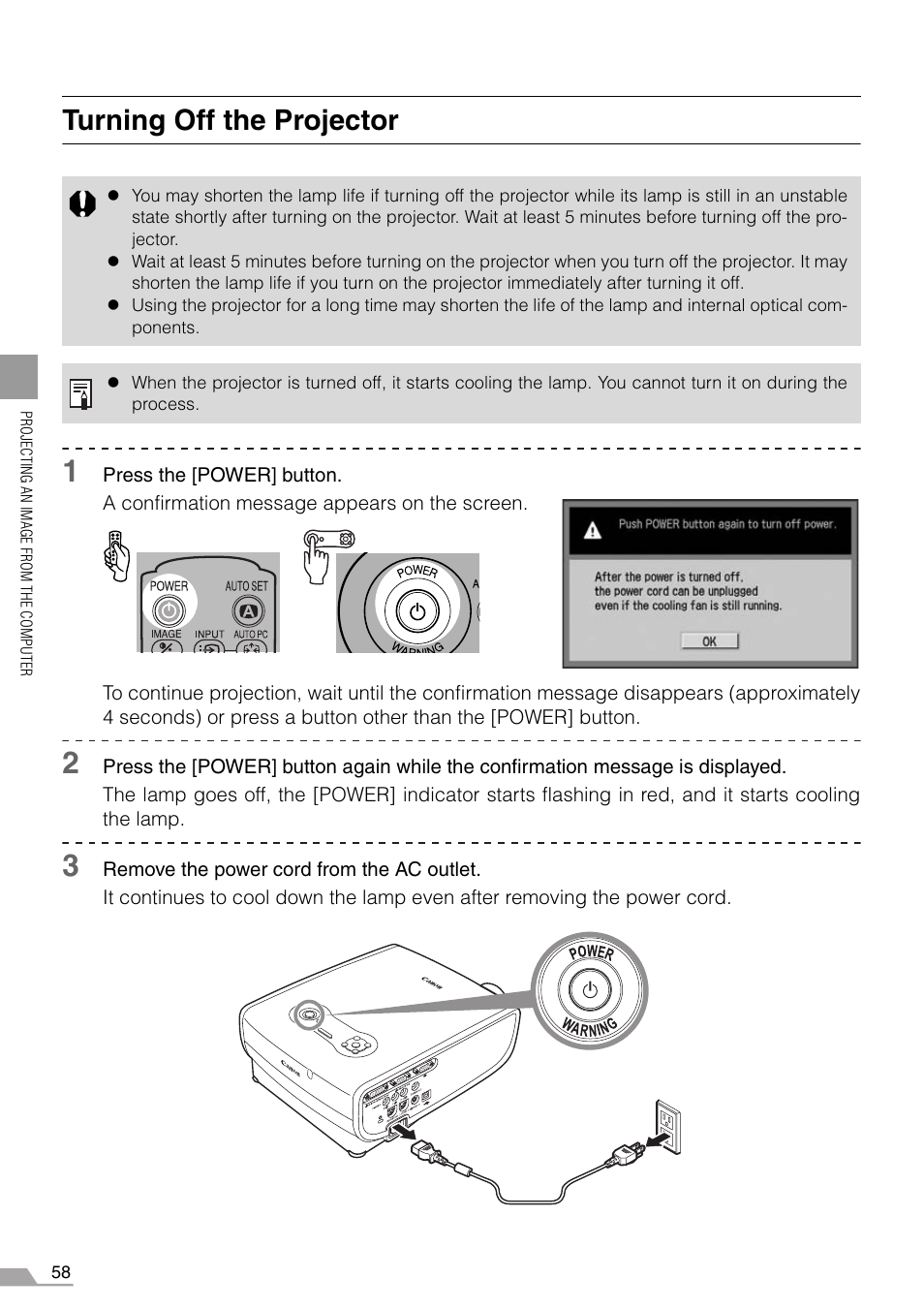 Turning off the projector | Canon REALiS X700 User Manual | Page 58 / 141