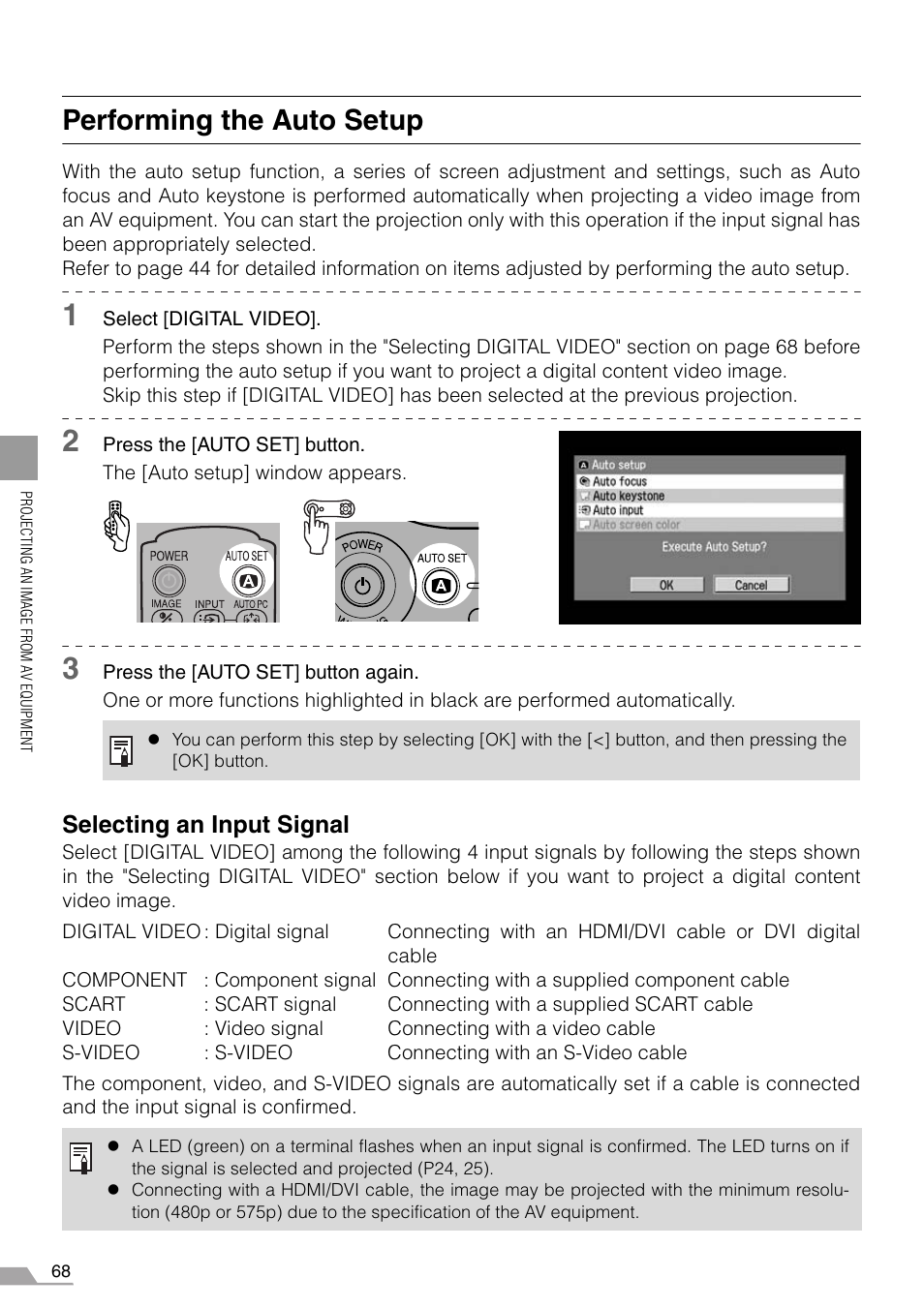 Performing the auto setup, Selecting an input signal | Canon REALiS X700 User Manual | Page 68 / 141