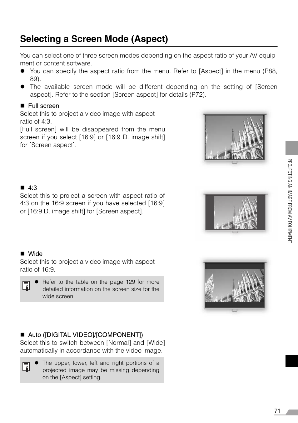 Selecting a screen mode (aspect) | Canon REALiS X700 User Manual | Page 71 / 141