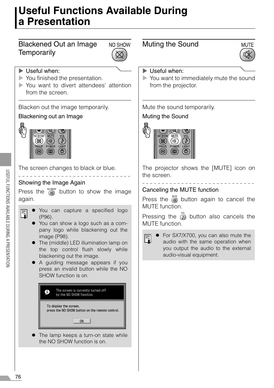 Useful functions available during a presentation, Blackened out an image temporarily, Muting the sound | Canon REALiS X700 User Manual | Page 76 / 141