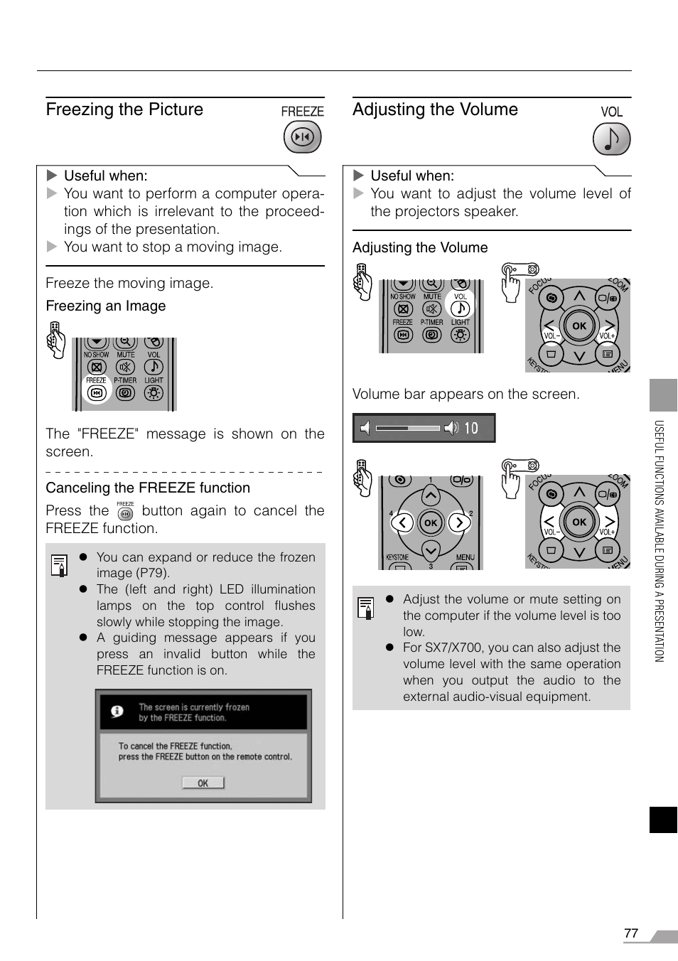 Freezing the picture, Adjusting the volume | Canon REALiS X700 User Manual | Page 77 / 141