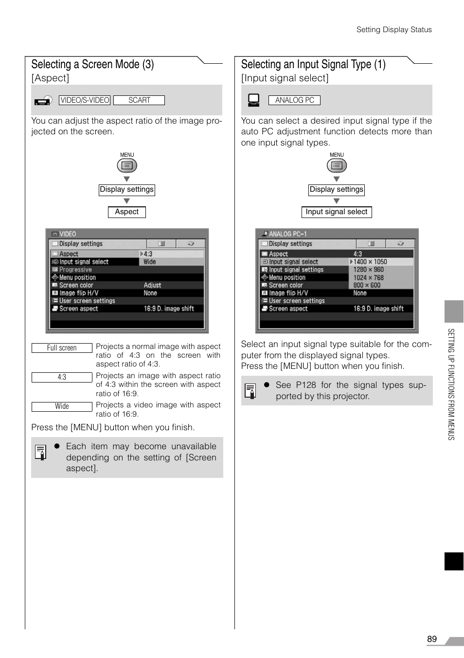 Selecting a screen mode (3), Selecting an input signal type (1), Aspect | Input signal select | Canon REALiS X700 User Manual | Page 89 / 141