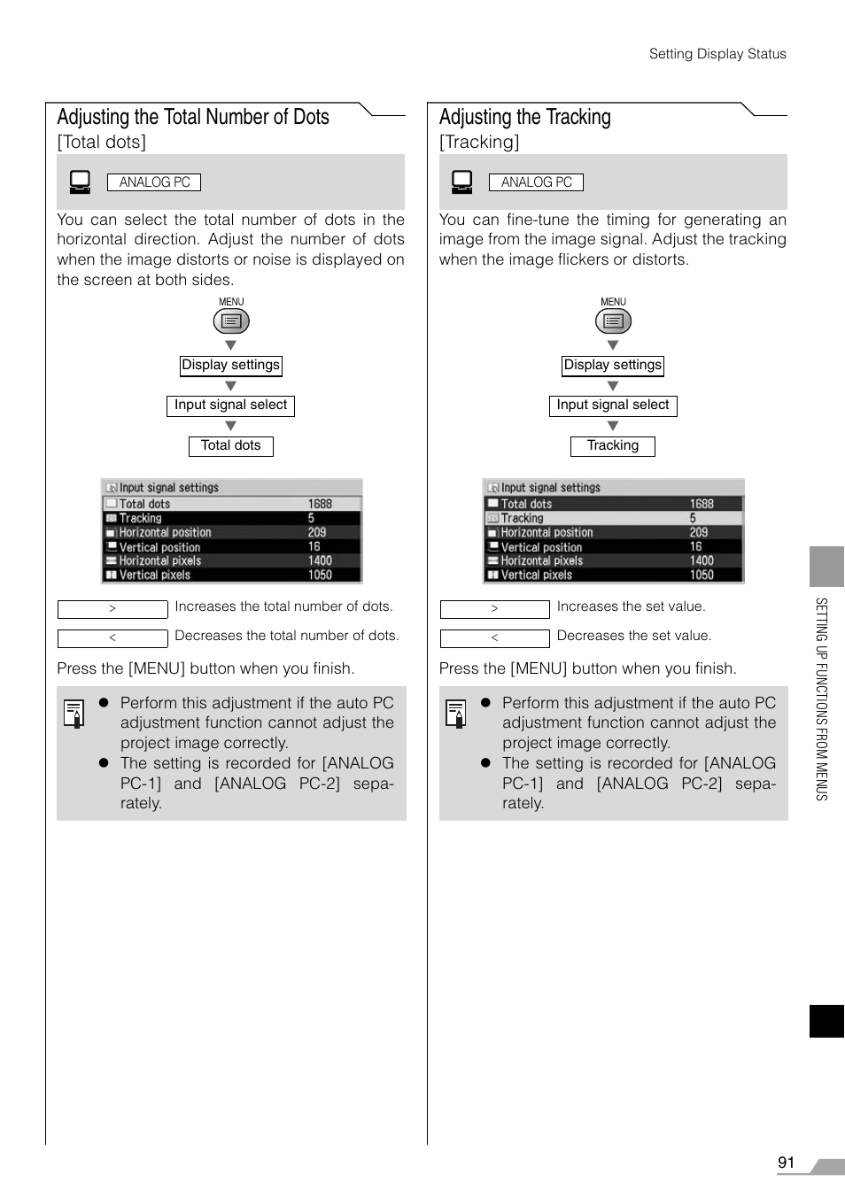 Adjusting the total number of dots, Adjusting the tracking, Total dots | Tracking | Canon REALiS X700 User Manual | Page 91 / 141