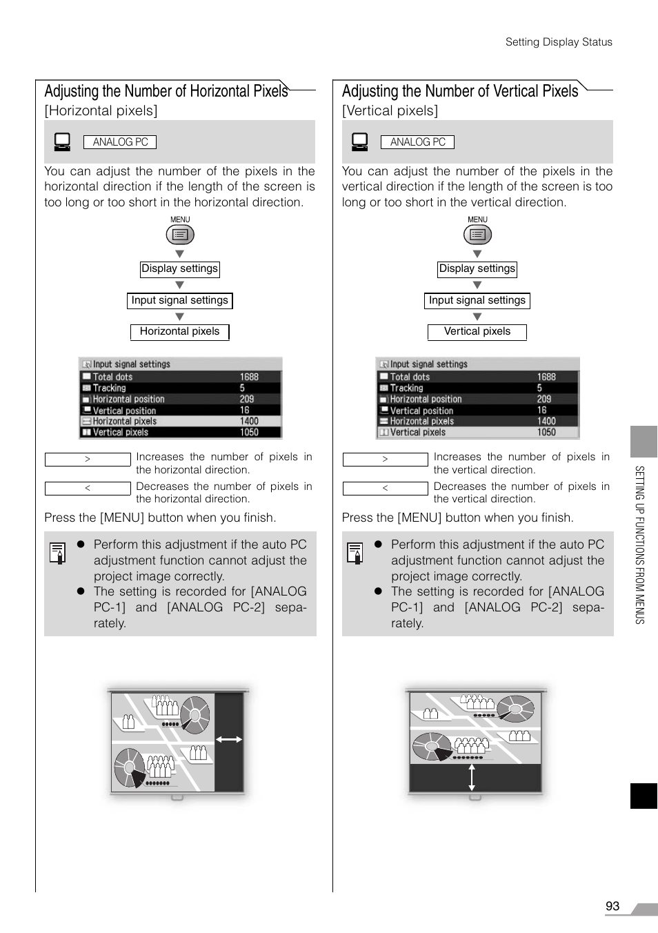 Adjusting the number of horizontal pixels, Adjusting the number of vertical pixels, Horizontal pixels | Vertical pixels | Canon REALiS X700 User Manual | Page 93 / 141