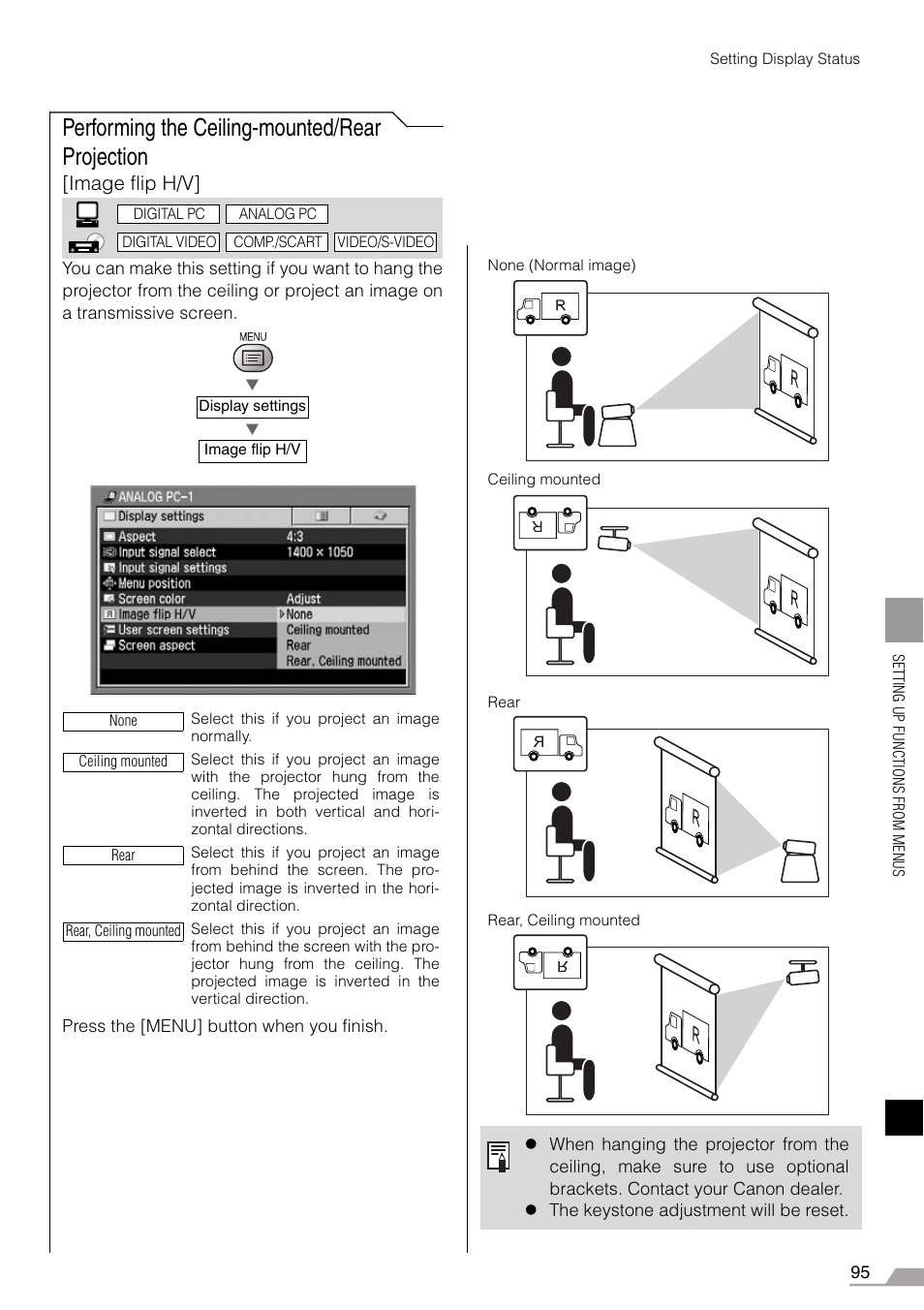 Performing the ceiling-mounted/rear projection, Image flip h/v | Canon REALiS X700 User Manual | Page 95 / 141