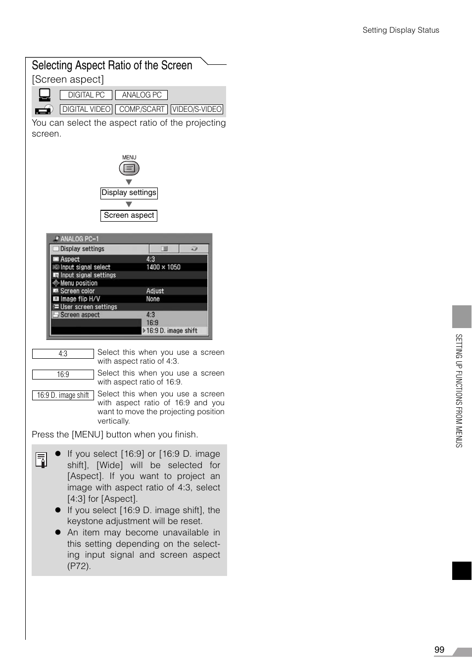 Selecting aspect ratio of the screen, Screen aspect | Canon REALiS X700 User Manual | Page 99 / 141