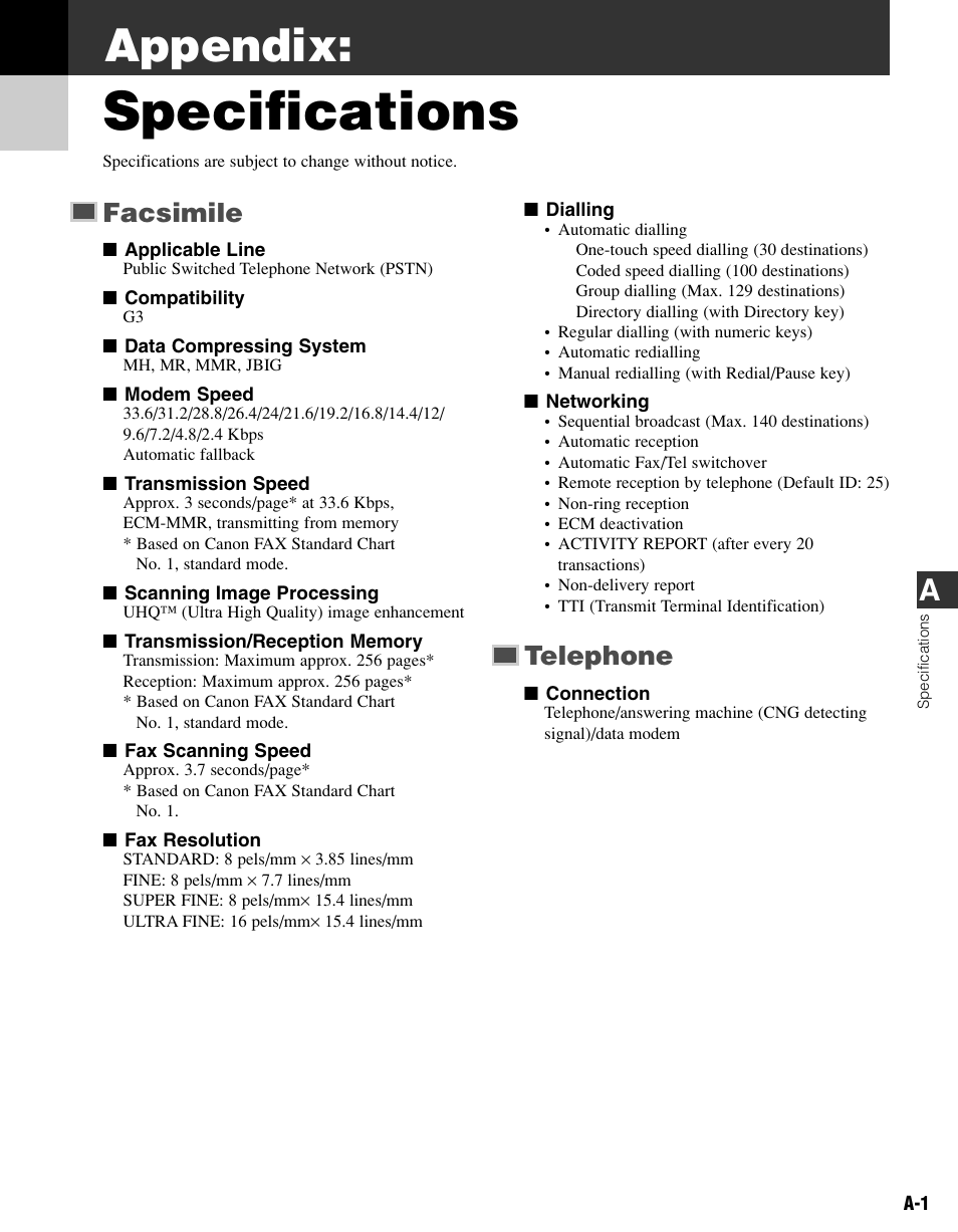 Appendix: specifications, Facsimile, Telephone | Specifications, Appendix | Canon FAX-L400 User Manual | Page 100 / 110