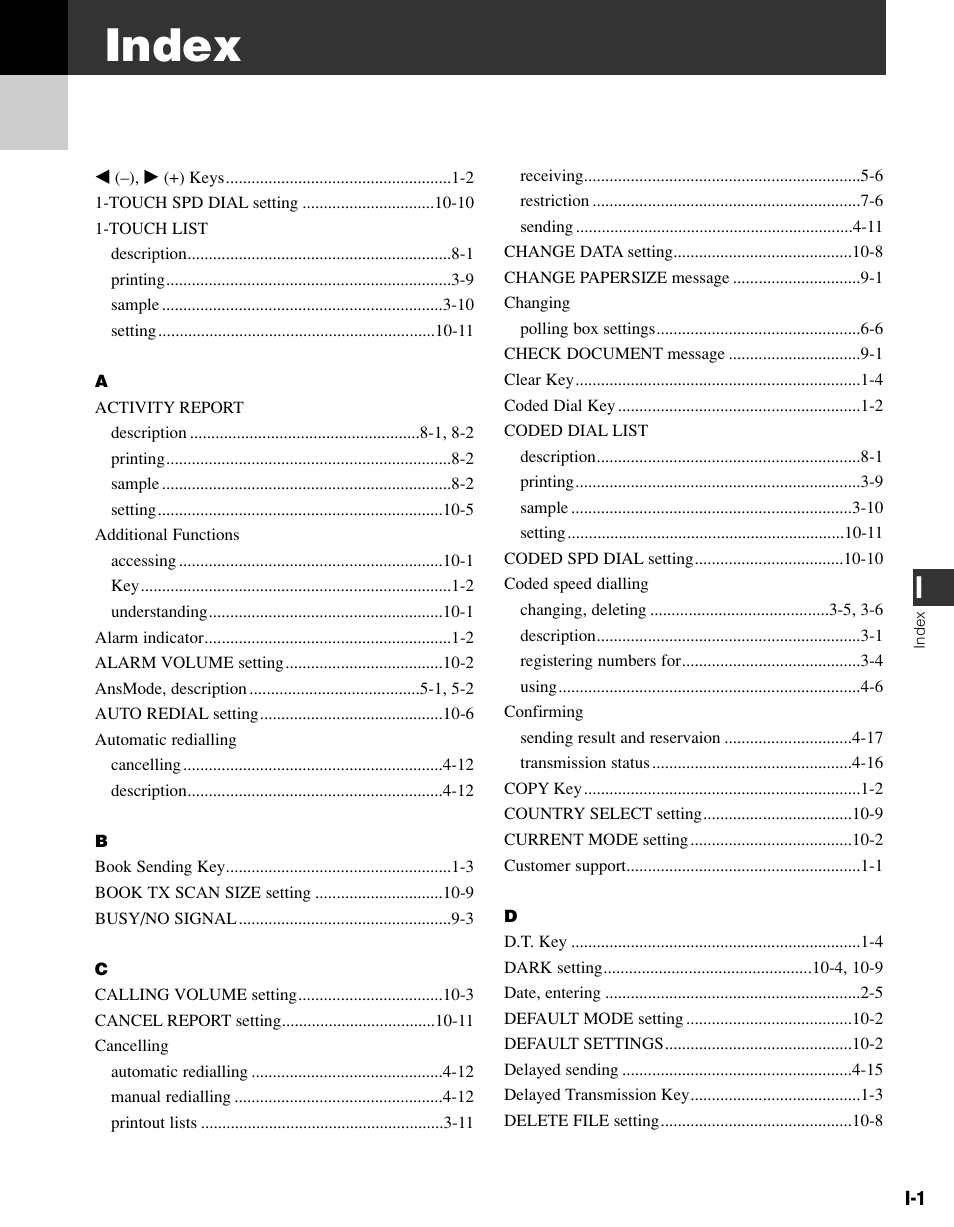 Index | Canon FAX-L400 User Manual | Page 102 / 110