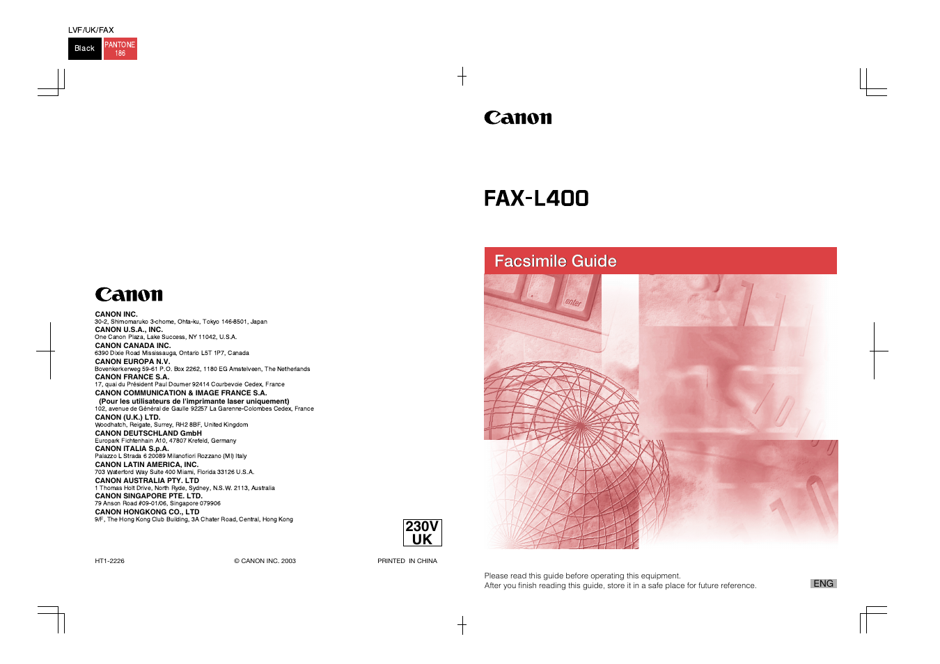 Facsimile guide, 230v uk | Canon FAX-L400 User Manual | Page 110 / 110