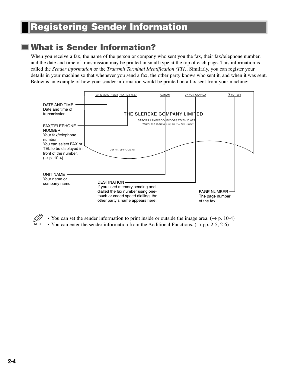 Registering sender information, What is sender information | Canon FAX-L400 User Manual | Page 15 / 110