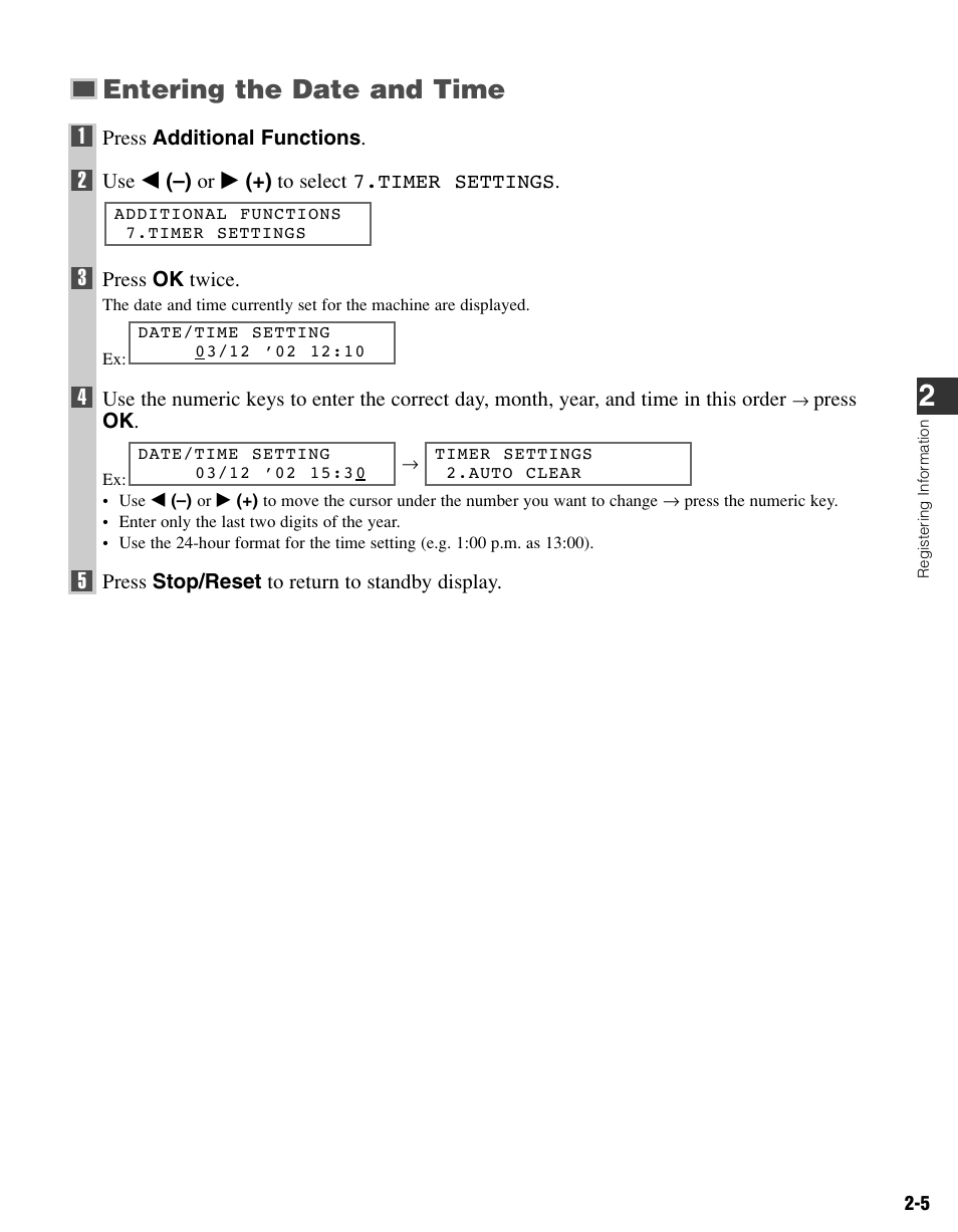 Entering the date and time | Canon FAX-L400 User Manual | Page 16 / 110