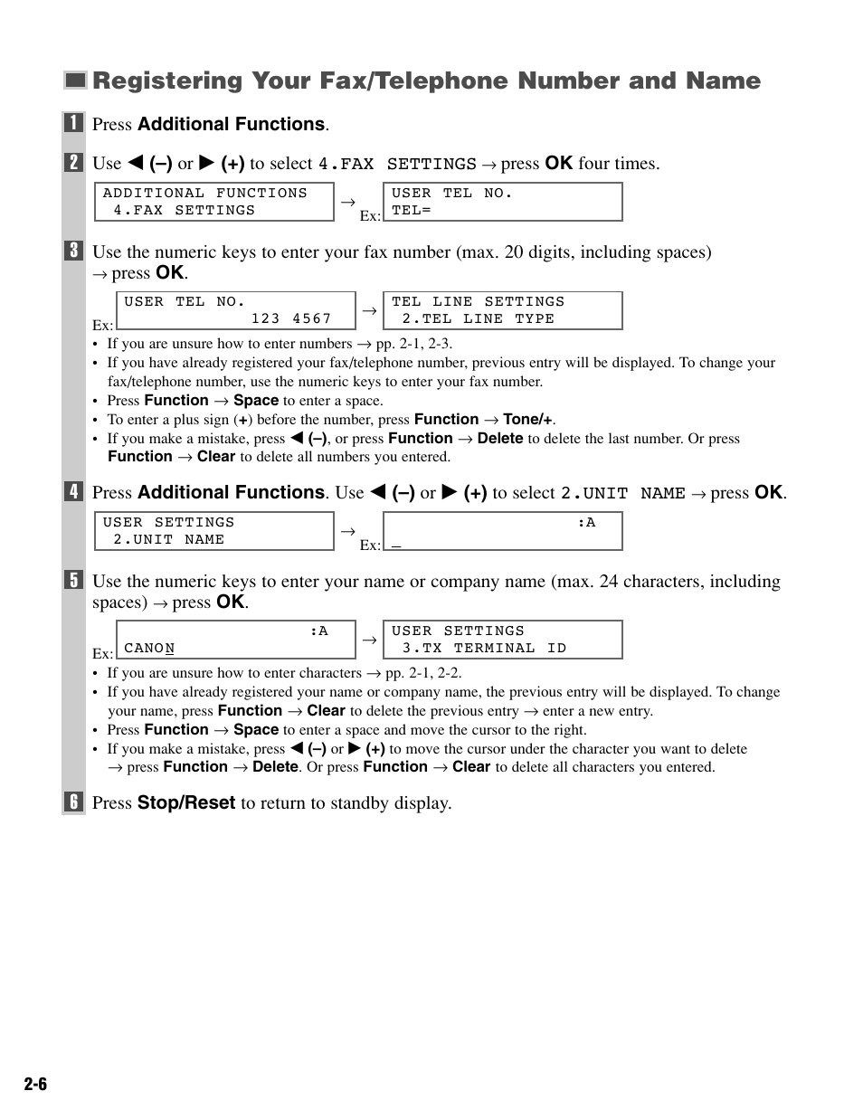 Registering your fax/telephone number and name | Canon FAX-L400 User Manual | Page 17 / 110