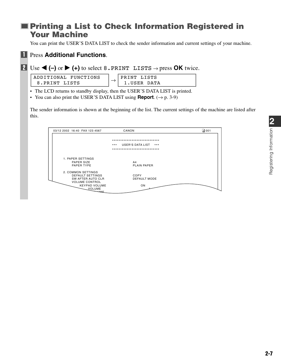 Press additional functions, Use 4 (–) or e (+) to select 8.print lists, Press ok twice | Canon FAX-L400 User Manual | Page 18 / 110