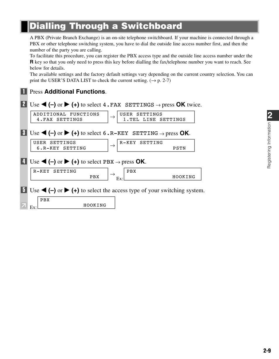 Dialling through a switchboard | Canon FAX-L400 User Manual | Page 20 / 110