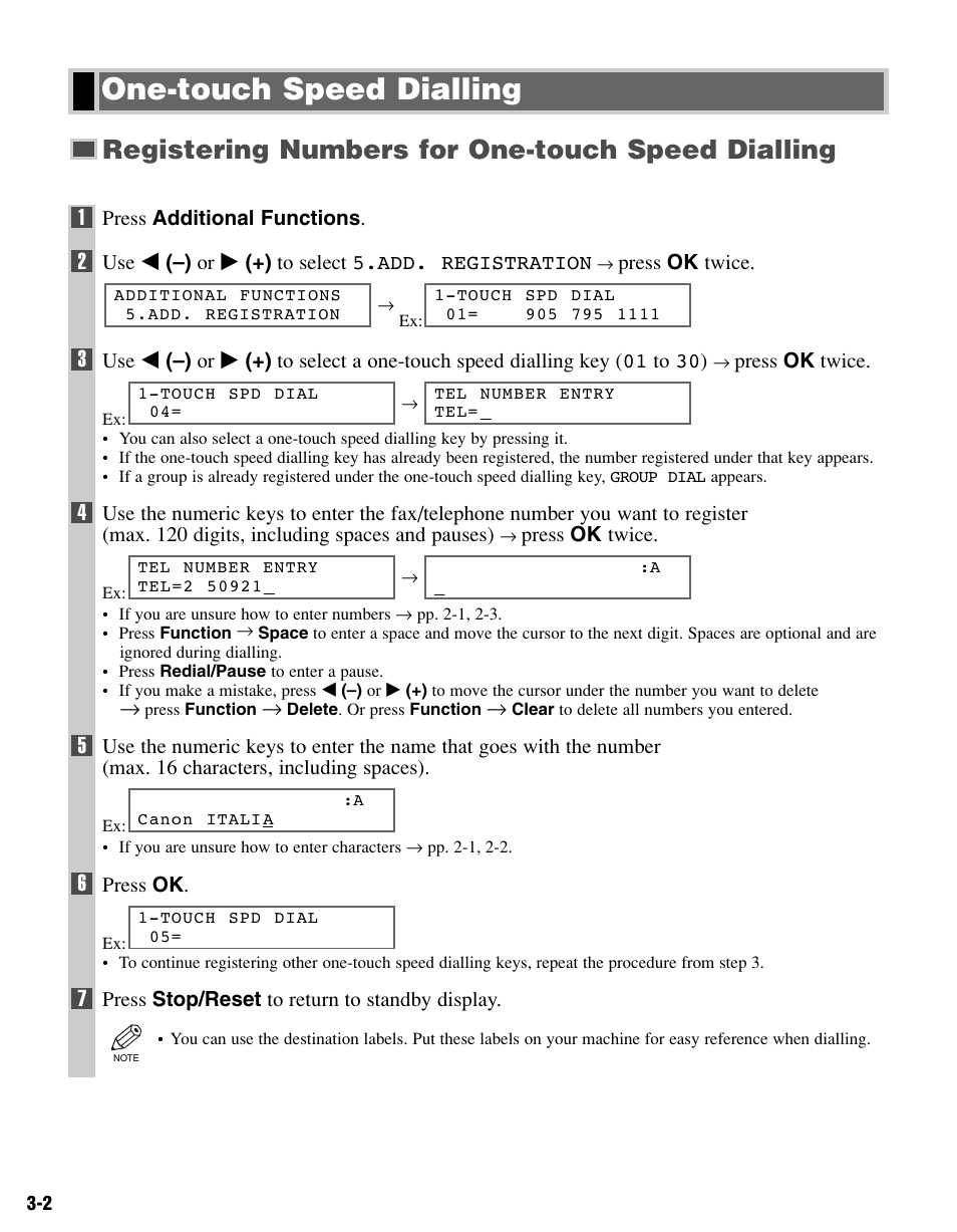 One-touch speed dialling, Registering numbers for one-touch speed dialling | Canon FAX-L400 User Manual | Page 23 / 110