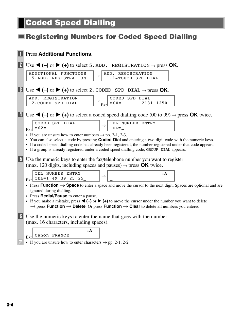 Coded speed dialling, Registering numbers for coded speed dialling | Canon FAX-L400 User Manual | Page 25 / 110