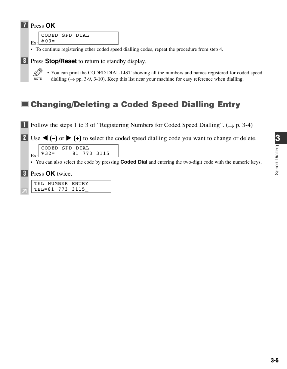 Changing/deleting a coded speed dialling entry | Canon FAX-L400 User Manual | Page 26 / 110