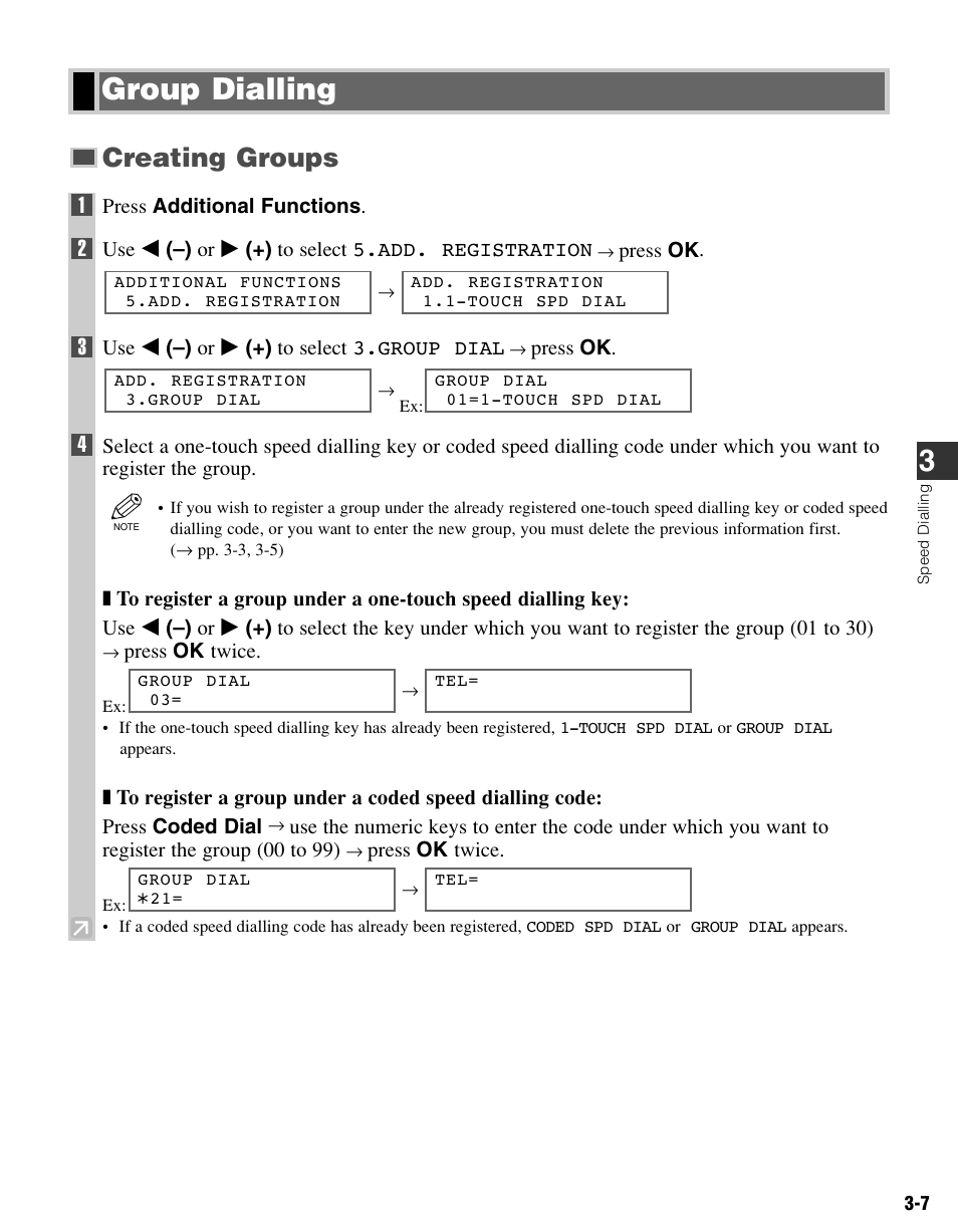 Group dialling, Creating groups | Canon FAX-L400 User Manual | Page 28 / 110