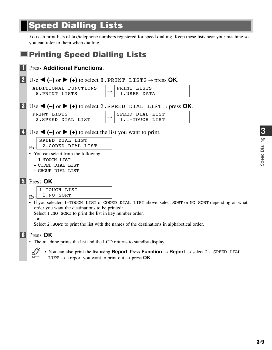 Speed dialling lists, Printing speed dialling lists | Canon FAX-L400 User Manual | Page 30 / 110