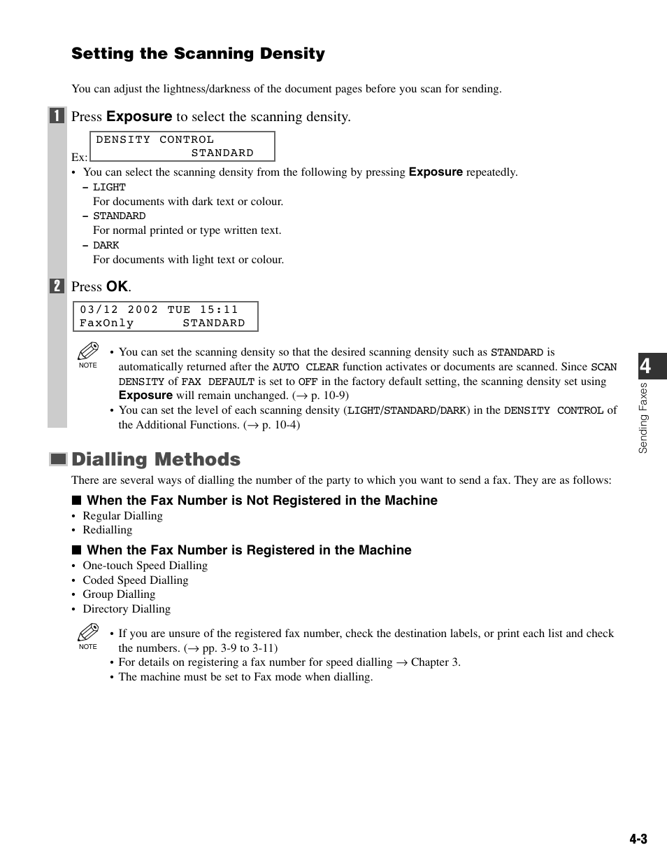 Dialling methods, Setting the scanning density | Canon FAX-L400 User Manual | Page 36 / 110