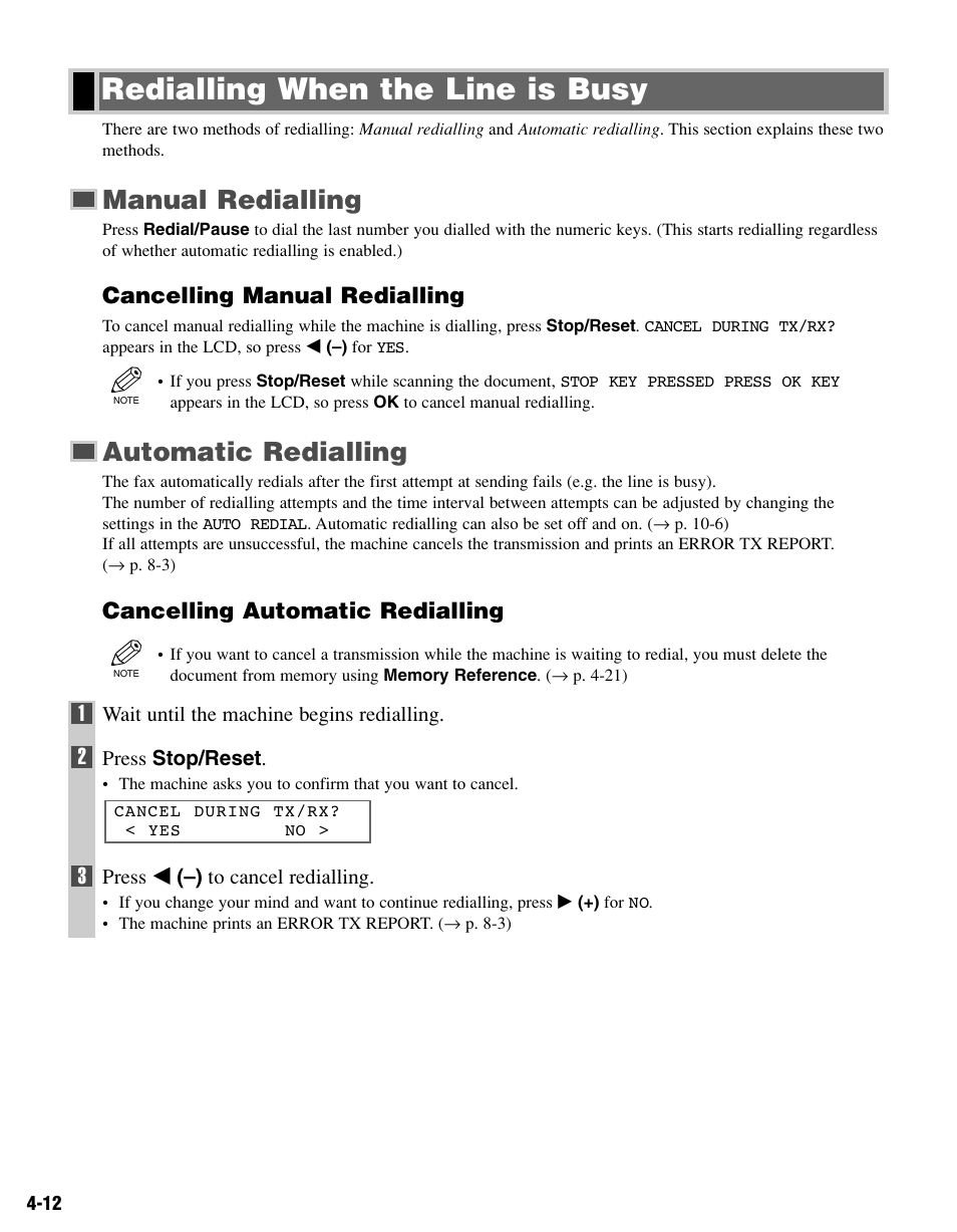 Redialling when the line is busy, Manual redialling, Automatic redialling | Canon FAX-L400 User Manual | Page 45 / 110