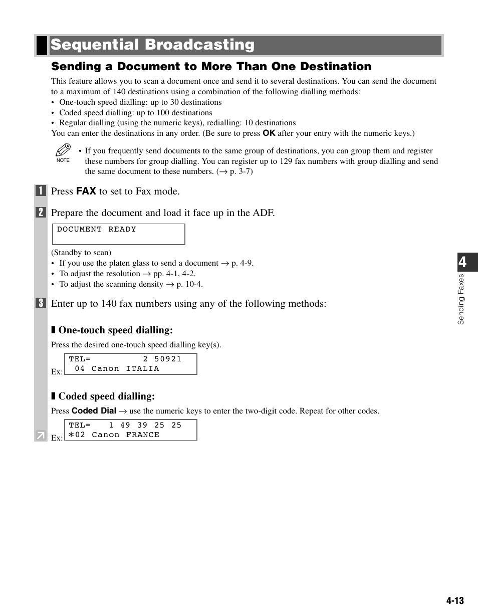 Sequential broadcasting, Sending a document to more than one destination | Canon FAX-L400 User Manual | Page 46 / 110