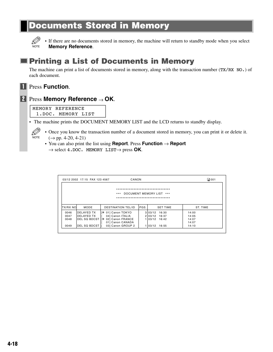 Documents stored in memory, Press function | Canon FAX-L400 User Manual | Page 51 / 110