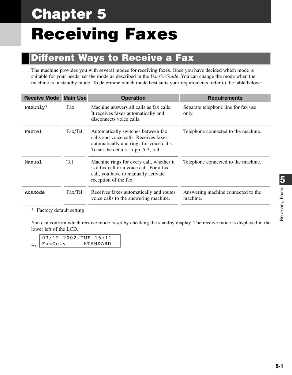 Chapter 5 receiving faxes, Different ways to receive a fax, Receiving faxes | Chapter 5 | Canon FAX-L400 User Manual | Page 56 / 110