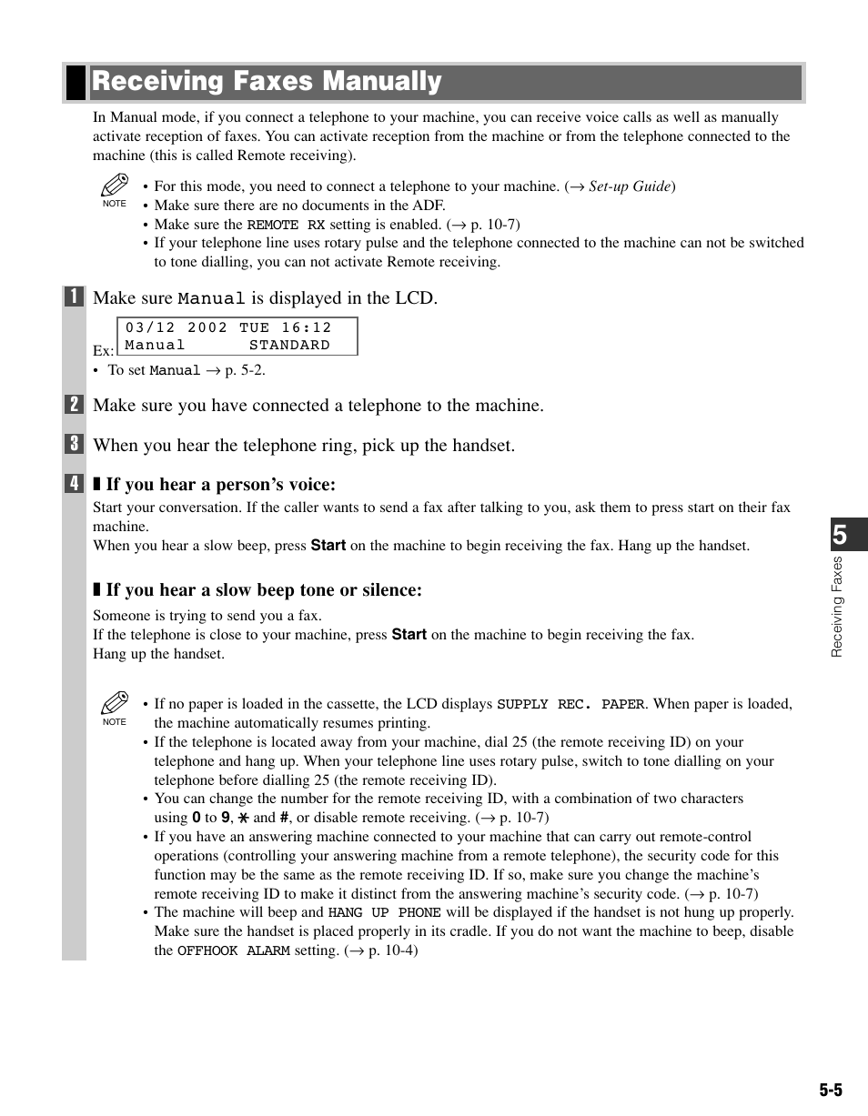 Receiving faxes manually | Canon FAX-L400 User Manual | Page 60 / 110