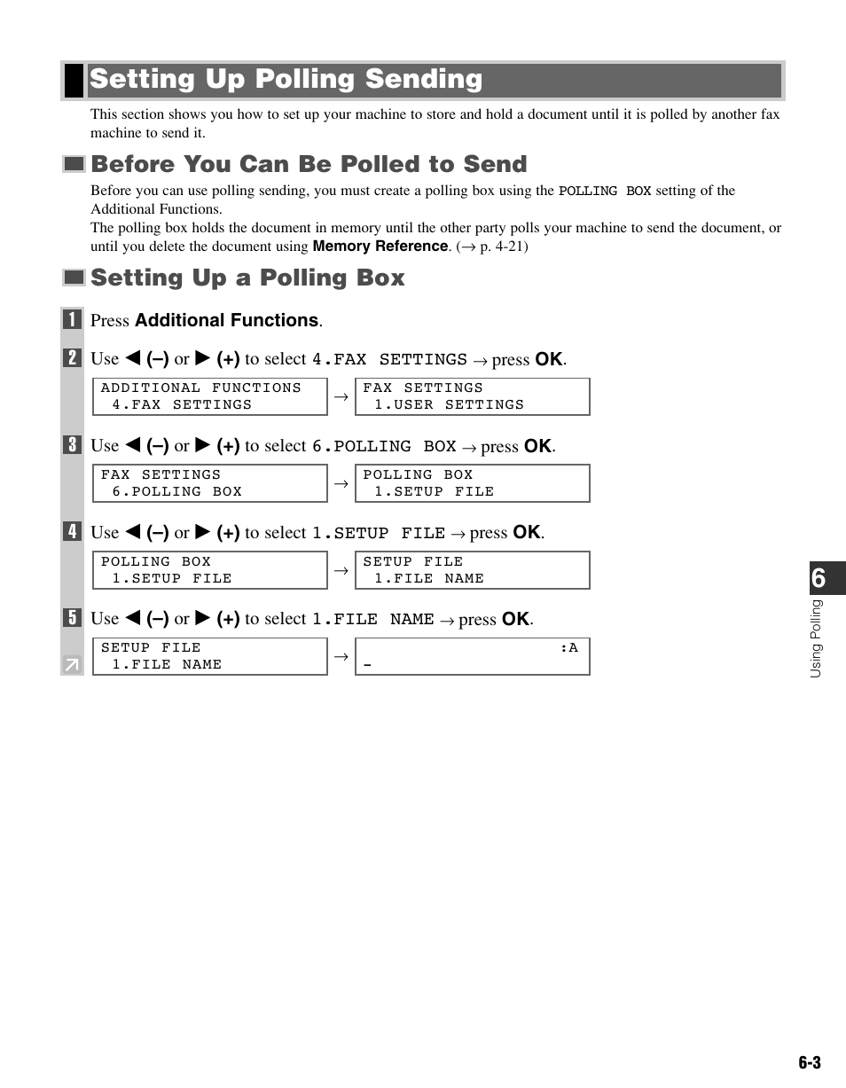 Setting up polling sending, Before you can be polled to send, Setting up a polling box | Canon FAX-L400 User Manual | Page 64 / 110