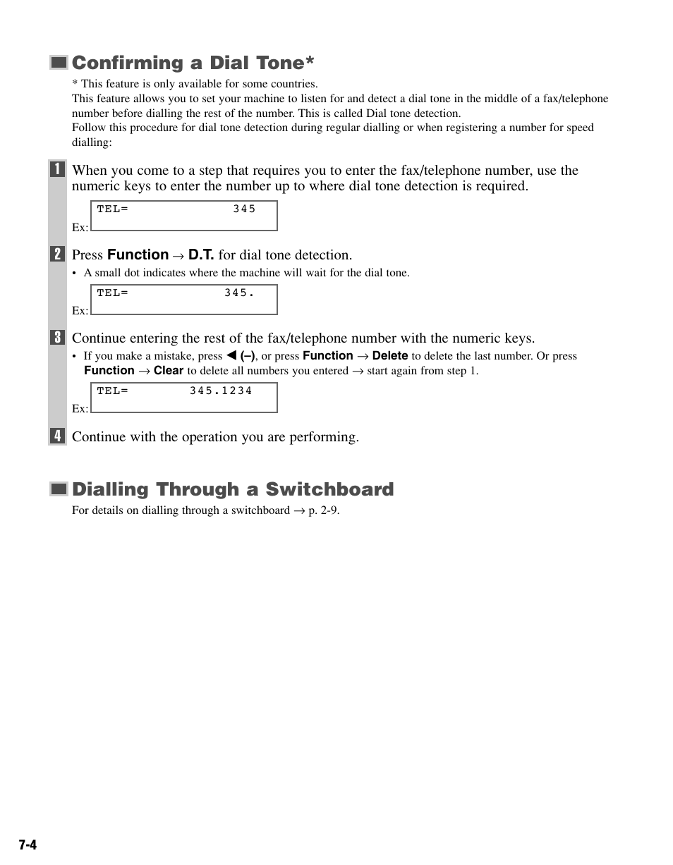 Confirming a dial tone, Dialling through a switchboard | Canon FAX-L400 User Manual | Page 73 / 110
