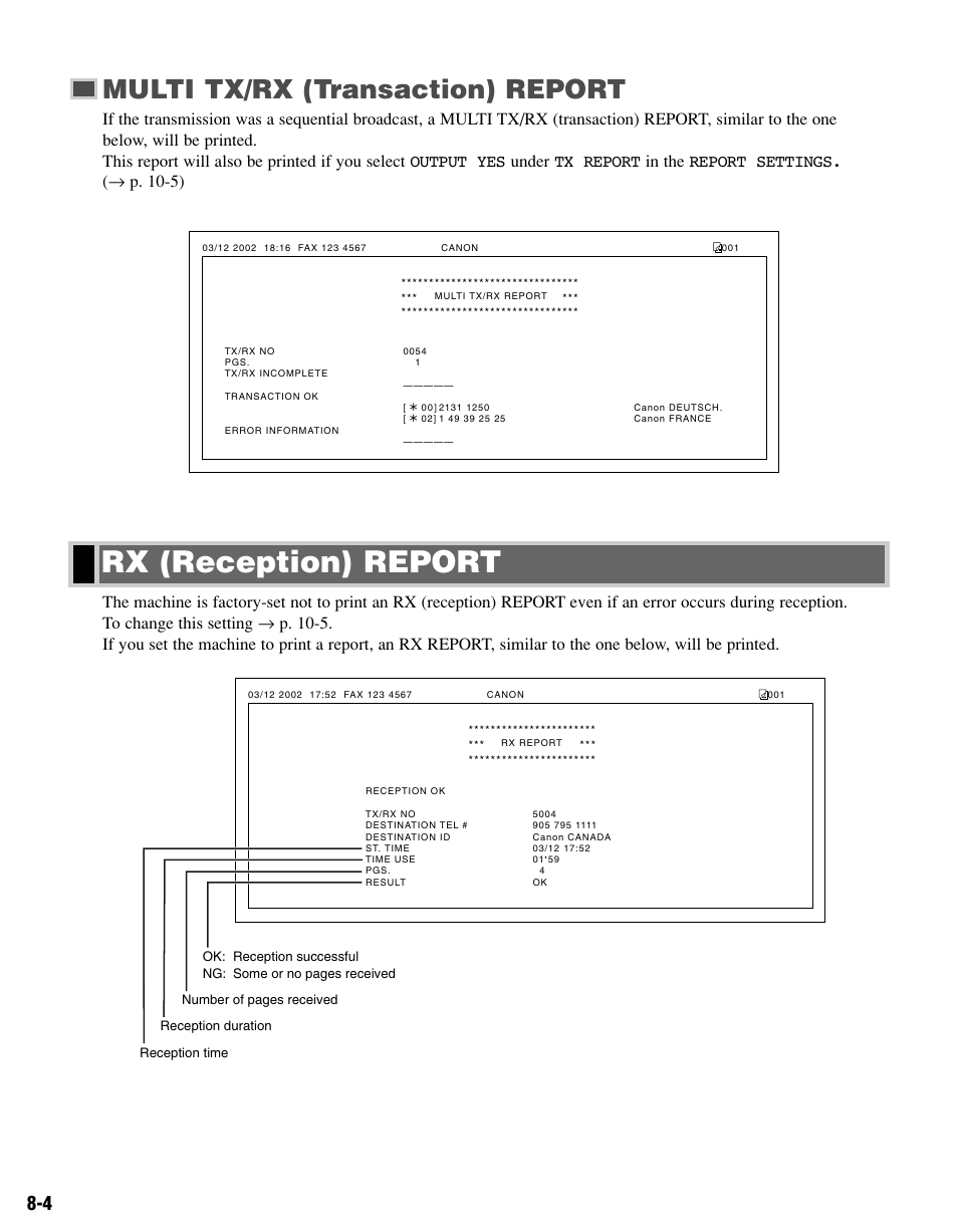 Rx (reception) report, Multi tx/rx (transaction) report | Canon FAX-L400 User Manual | Page 79 / 110