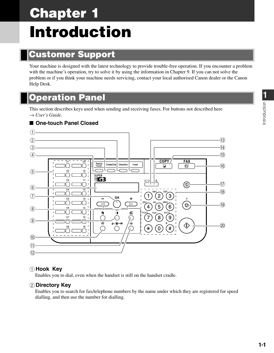 Chapter 1 introduction, Customer support, Operation panel | Introduction, Chapter 1, Operation panel customer support | Canon FAX-L400 User Manual | Page 8 / 110